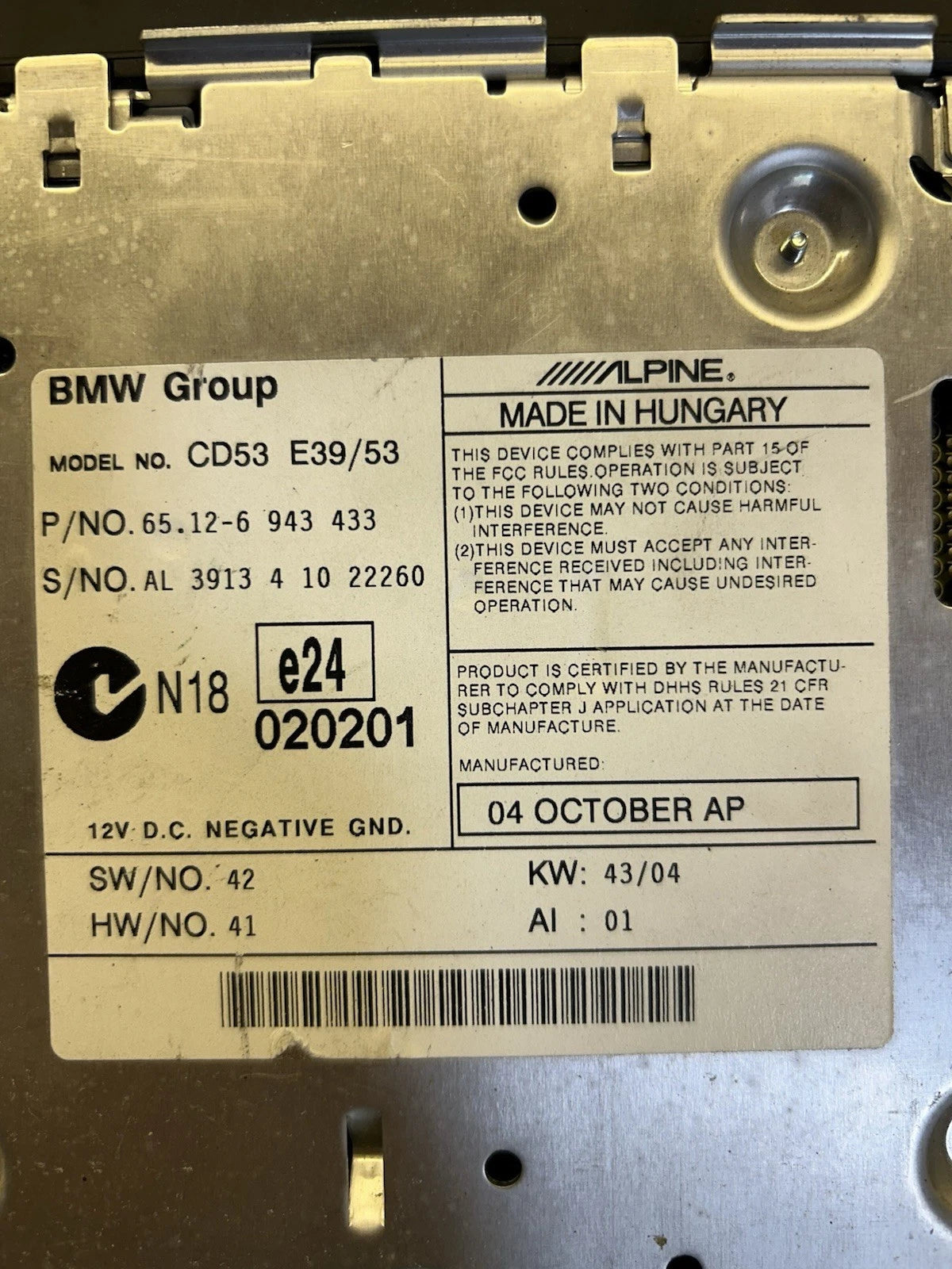 1996-2000 BMW E39 525i 530i 540i M5 Business CD Player cd43 65126943433
